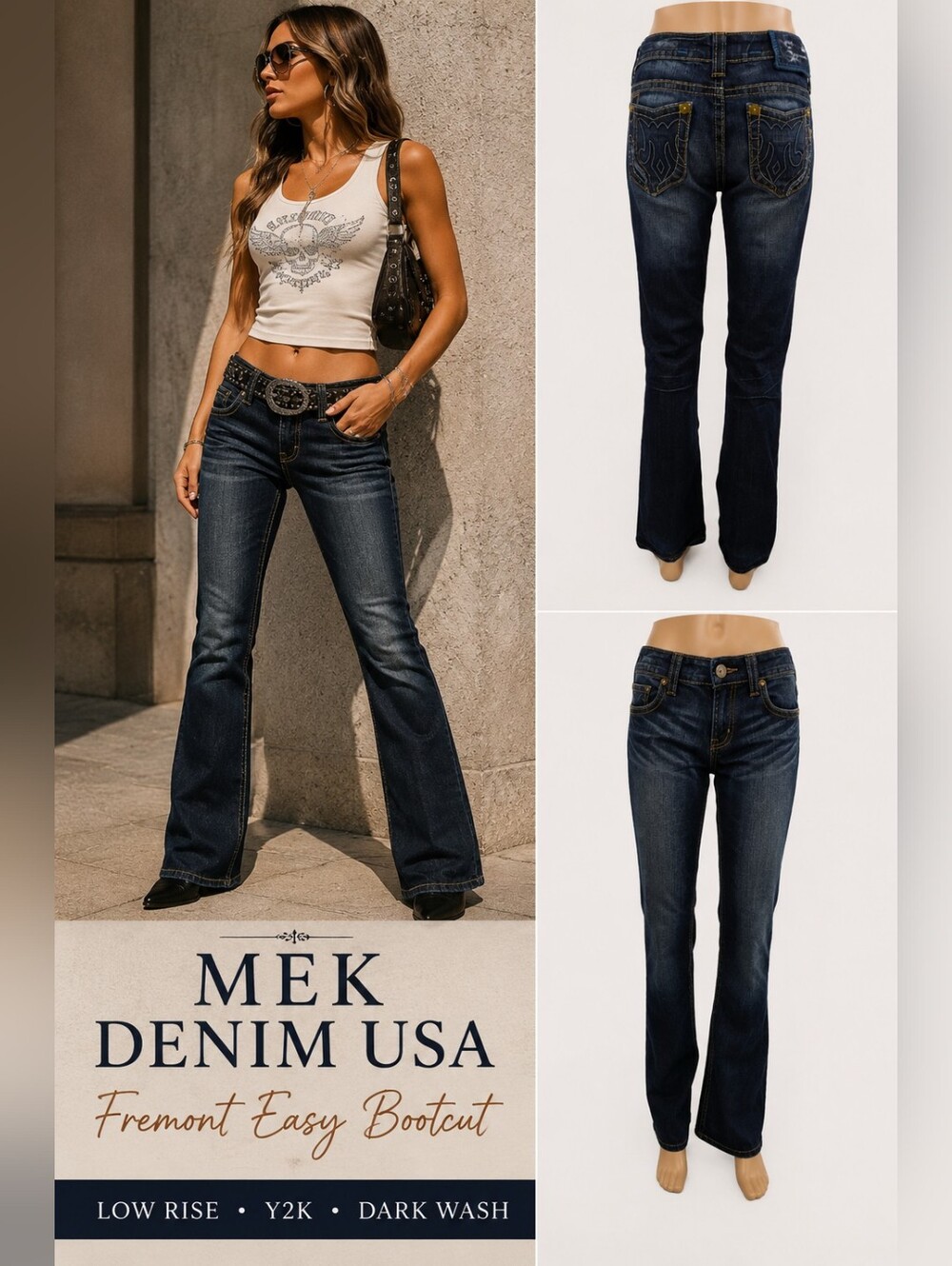 MEK Denim USA Fremont Easy Low Rise Bootcut Jeans Y2K Dark Wash 26
